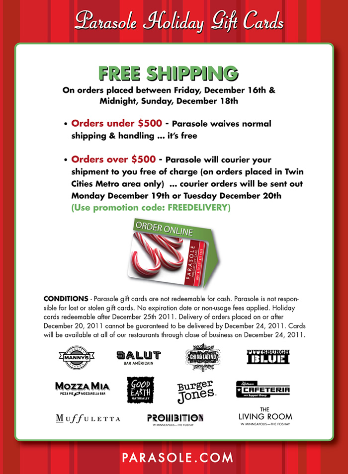 Parasole Holiday Gift Cards FREE SHIPPING details